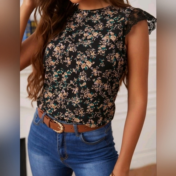 New Boho Mini Floral Lace Top Black Tan Green - Picture 2 of 6
